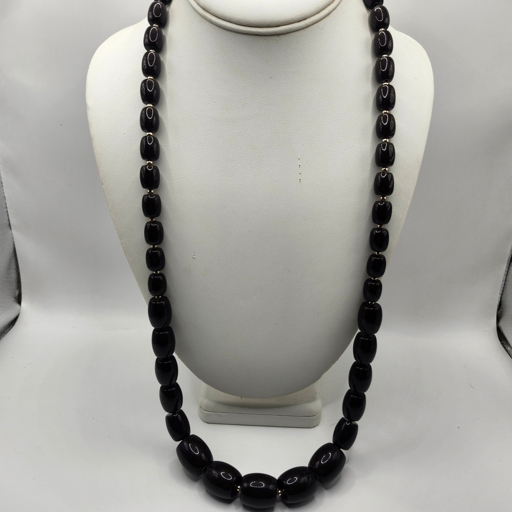 Vintage Chocolate Brown Barrel Bead Necklace Gold Tone Spacers Chunky Strand